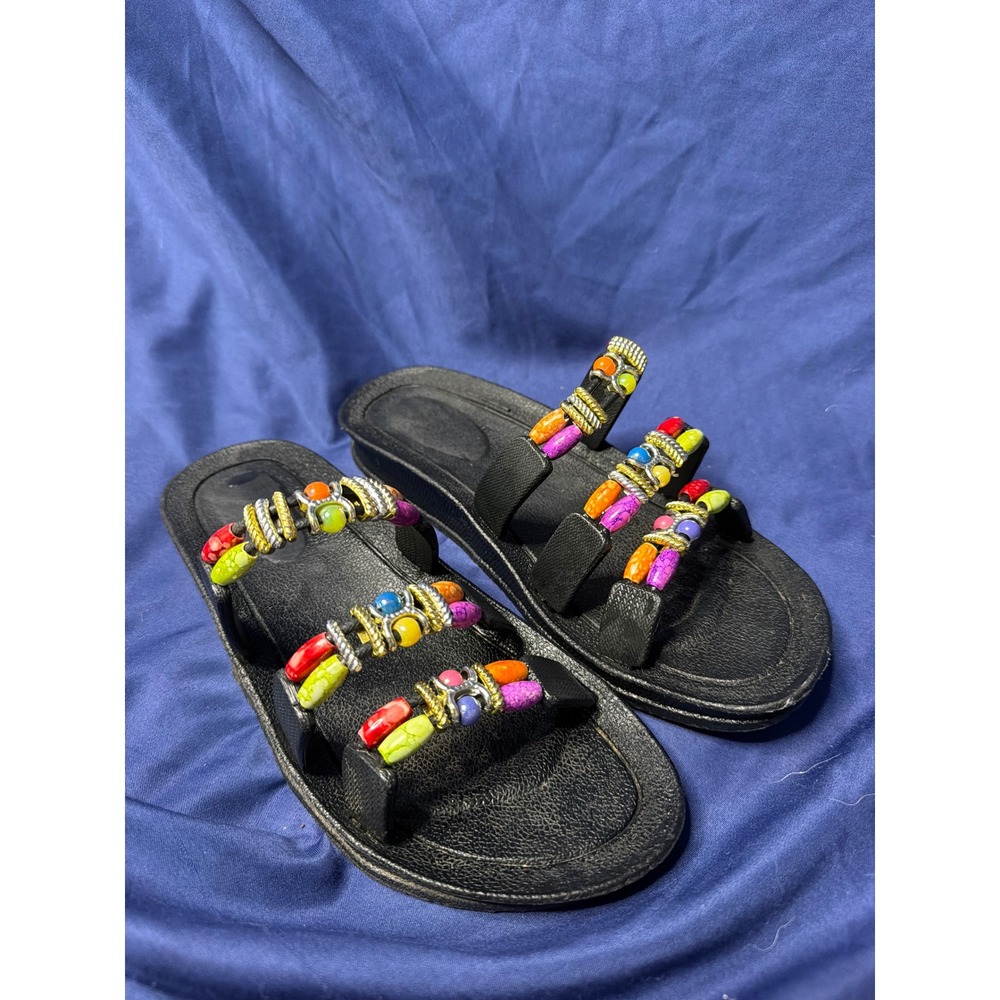 Womens Multi Color Beaded Slide Sandals Black Elastic Triple Strap Size 8 Boho